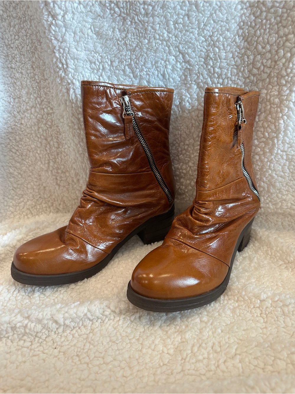 Women’s Cognac Leather Mid-Calf Zipper Boots